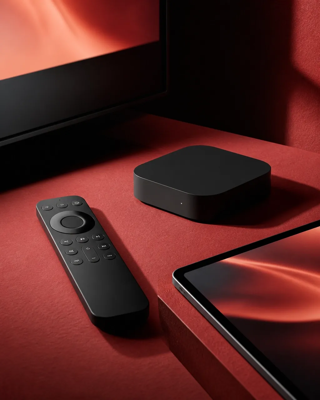 Streaming devices and remote arranged on a red surface